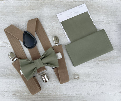 Moss Bow tie & Suspenders | Taupe Braces | Eucalypt Bowtie | Pocket Square | Ring Bearer Outfit | Boho Rustic Wedding