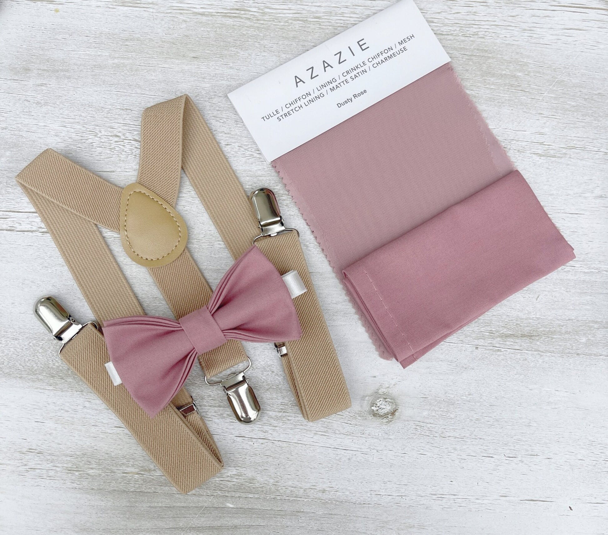 Dusty Rose Bow Tie & Suspenders – All Sizes for Men and Boys, Beige Braces, Pocket Square, Ring Bearer, Groomsman Gift, Boho Barn Wedding