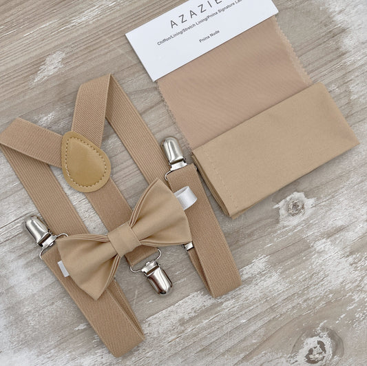 Nude Bow Tie | Beige Suspenders | Men's Pocket Square Set for Wedding Groom Outfit - Perfect accessories for a stylish wedding ensemble