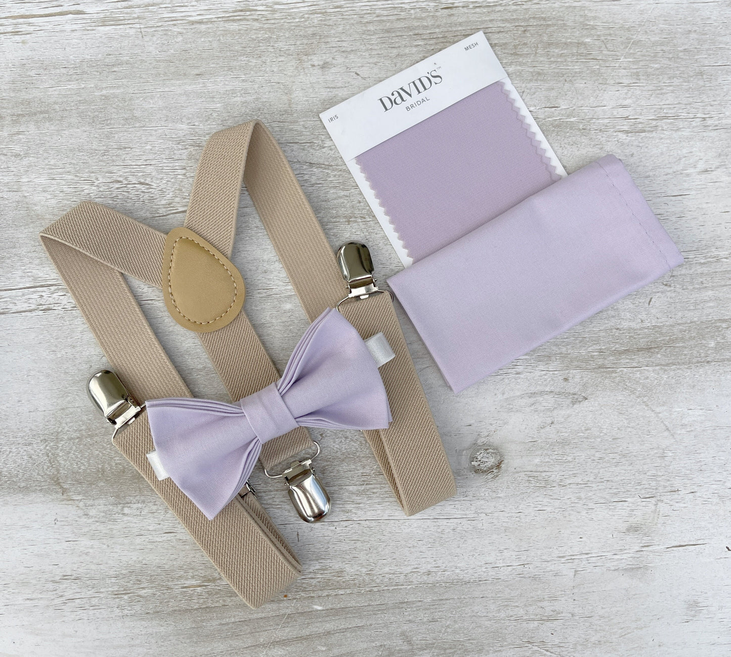 Iris Bow tie & Suspenders | Champagne Tan Braces | Pocket Square | Ring Bearer Outfit | Boho Rustic Wedding