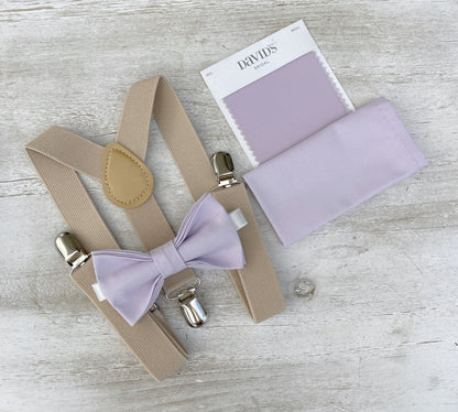 Iris Bow tie & Suspenders | Champagne Tan Braces | Pocket Square | Ring Bearer Outfit | Boho Rustic Wedding