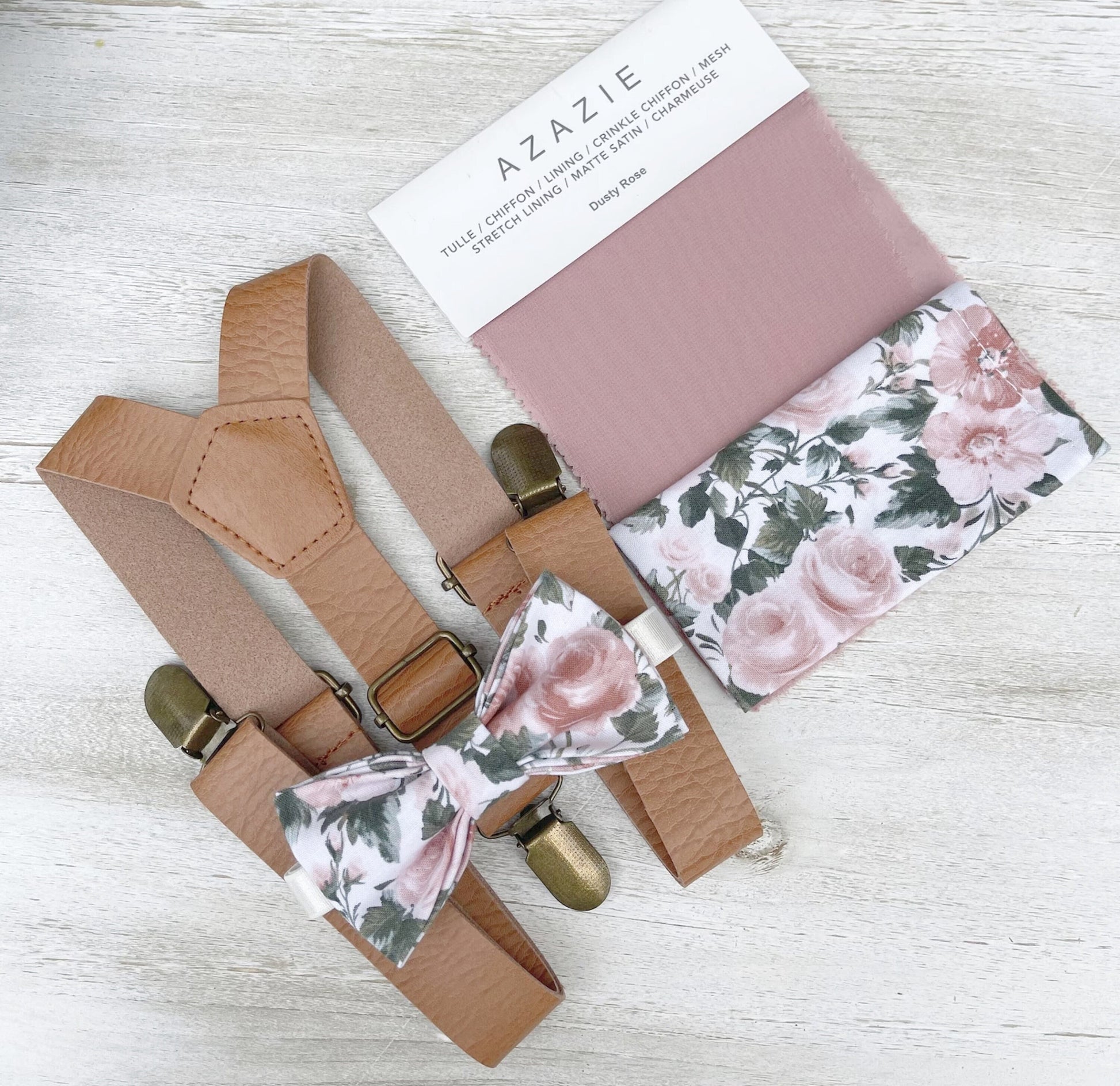 Floral Bow tie & Vegan Leather Suspenders | Light Brown Braces | Dusty Rose Bow Tie | Pocket Square | Ring Bearer Outfit | Boho Wedding