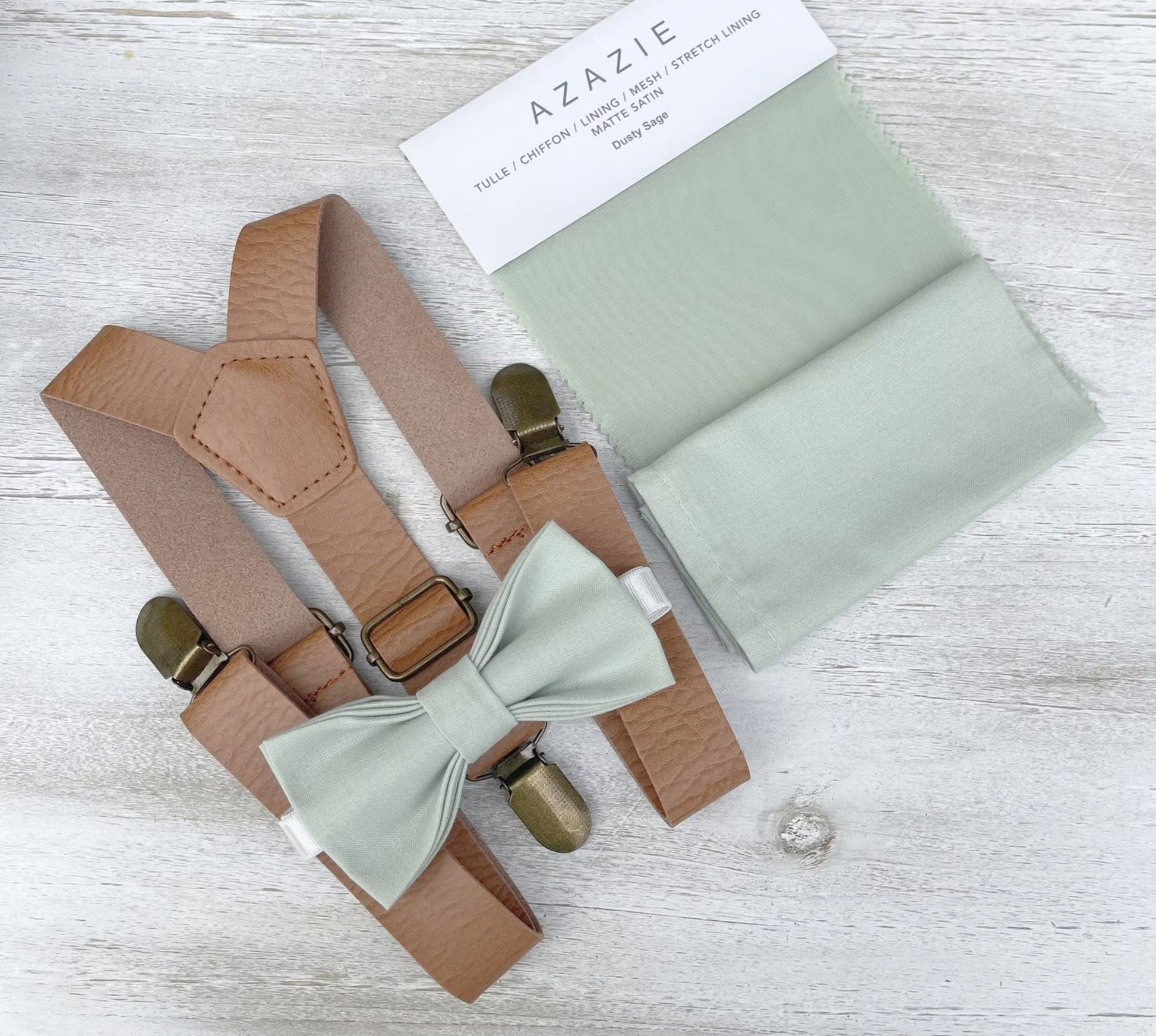 Dusty Sage Bow tie & Light Brown Suspenders | Vegan Leather Braces | Pocket Square | Ring Bearer Outfit | Boho Wedding Set