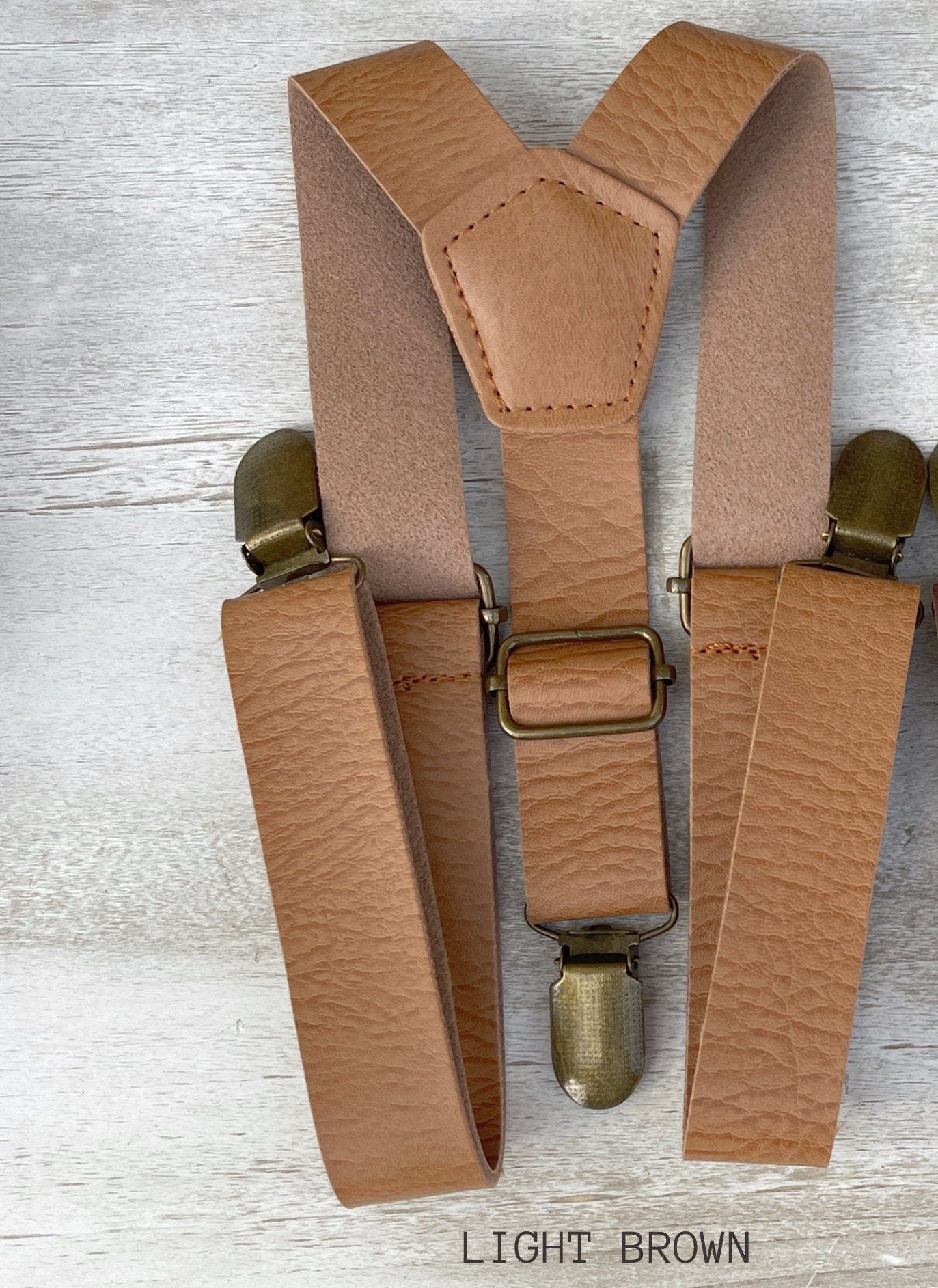 Dusty Sage Bow tie & Light Brown Suspenders | Vegan Leather Braces | Pocket Square | Ring Bearer Outfit | Boho Wedding Set