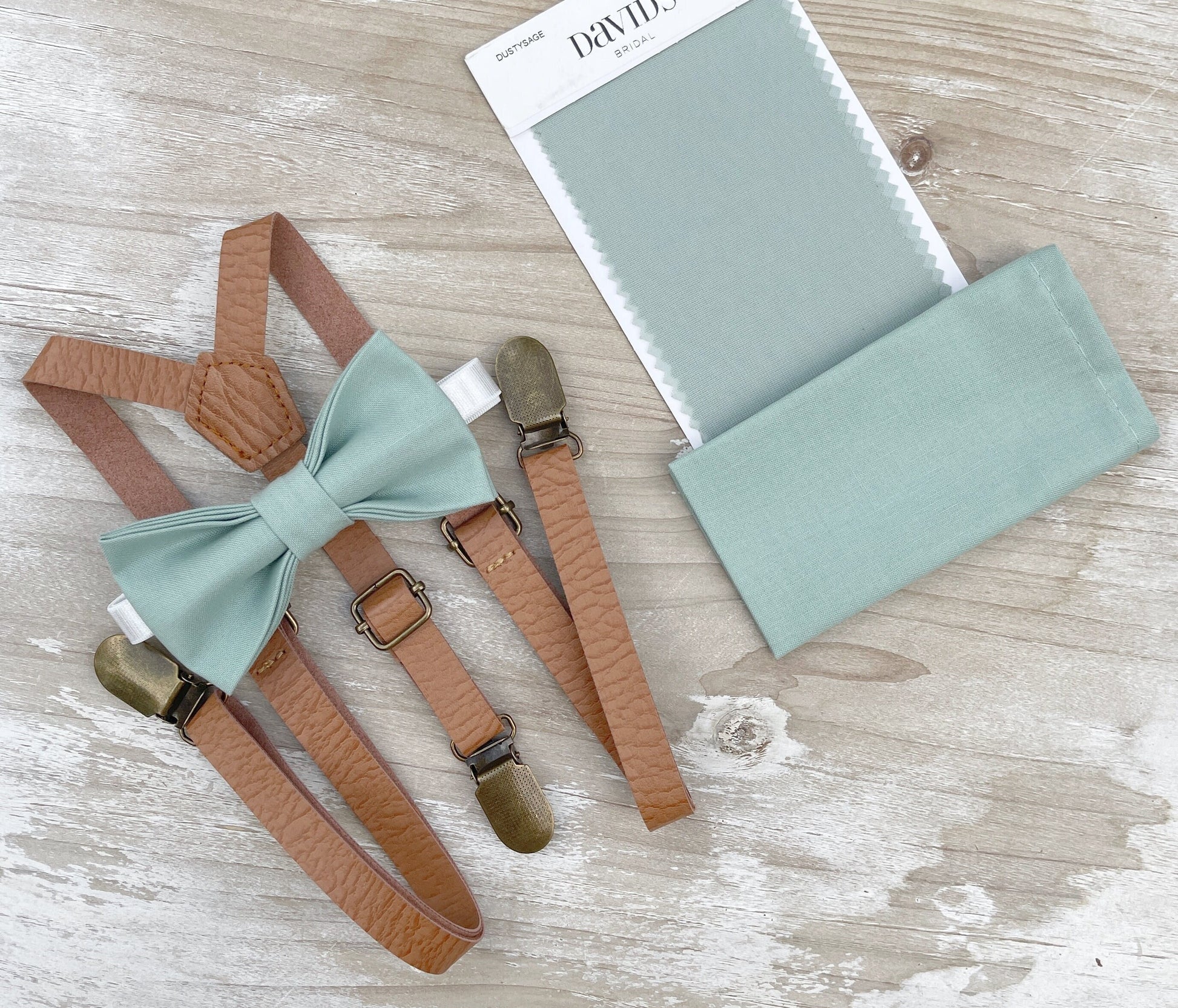 Dusty Sage Bow tie & Skinny Vegan Leather Suspenders | Light Brown Braces | Agave Bow | Pocket Square | Ring Bearer Outfit | Rustic Wedding