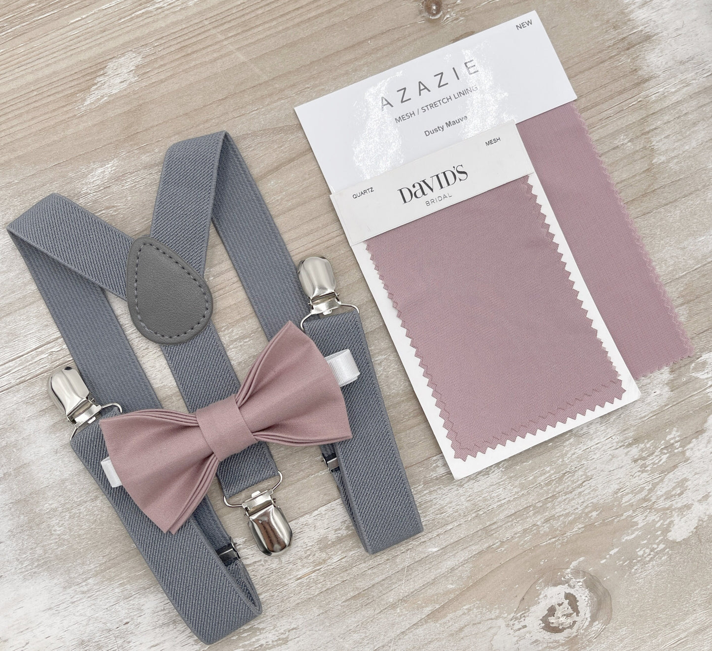 Dusty Mauve Bow tie & Suspenders | Gray Braces | Quartz Bowtie | Pocket Square | Ring Bearer Outfit | Boho Rustic Wedding