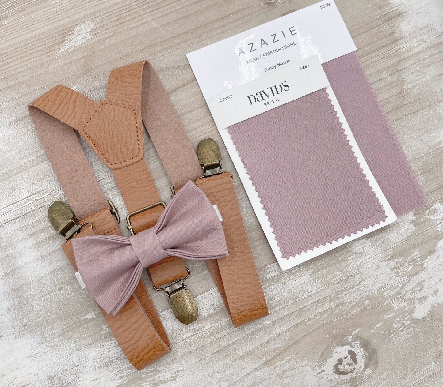 Dusty Mauve Bow tie & Suspenders | Leather Light Brown Braces | Quartz Bowtie | Pocket Square | Ring Bearer Outfit | Boho Rustic Wedding