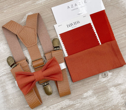 Paprika Bow tie & Suspenders | Leather Light Brown Braces | Sienna Bow | Pocket Square | Ring Bearer Outfit | Boho Rustic Wedding