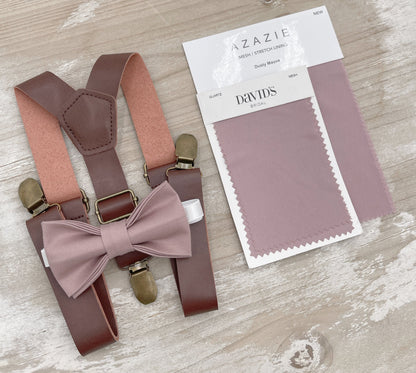 Dusty Mauve Bow tie & Suspenders, Leather Braces, Quartz Bowtie, Pocket Square, Ring Bearer Outfit, Boho Rustic Wedding