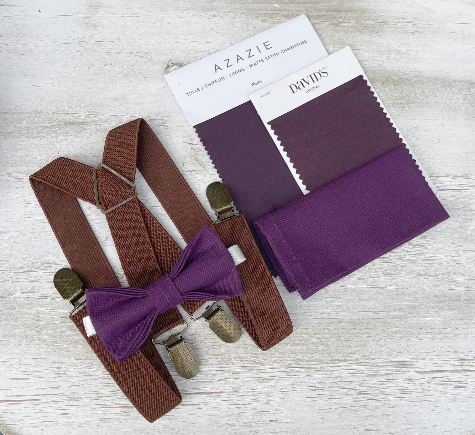 Plum Bow tie & Suspenders | Brown X - Back Braces | Grape Bowtie | Pocket Square | Ring Bearer Outfit | Boho Rustic Wedding Set