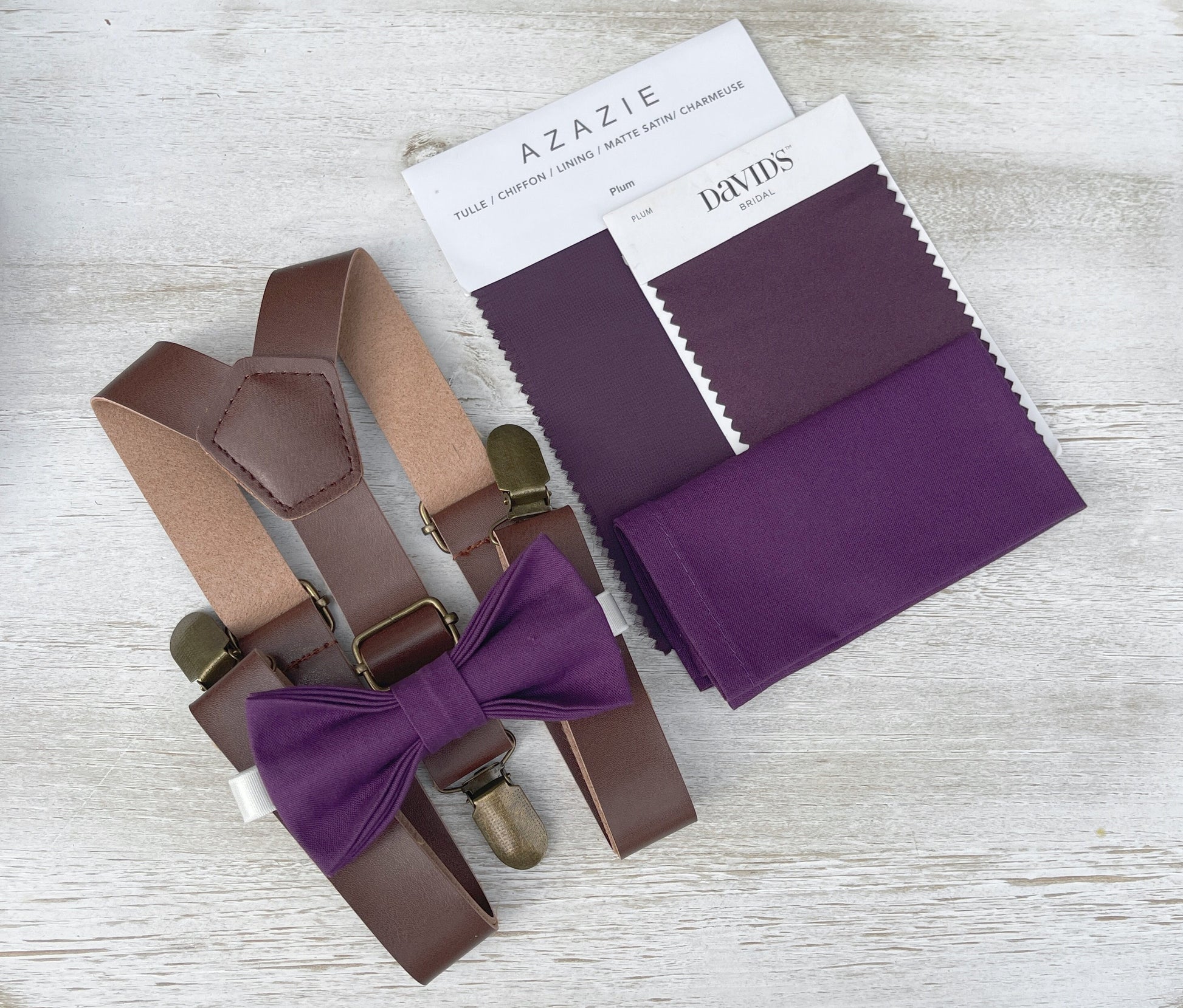 Plum Bow tie & Suspenders | Leather Braces | Grape Bowtie | Pocket Square | Ring Bearer Outfit | Boho Rustic Wedding Set