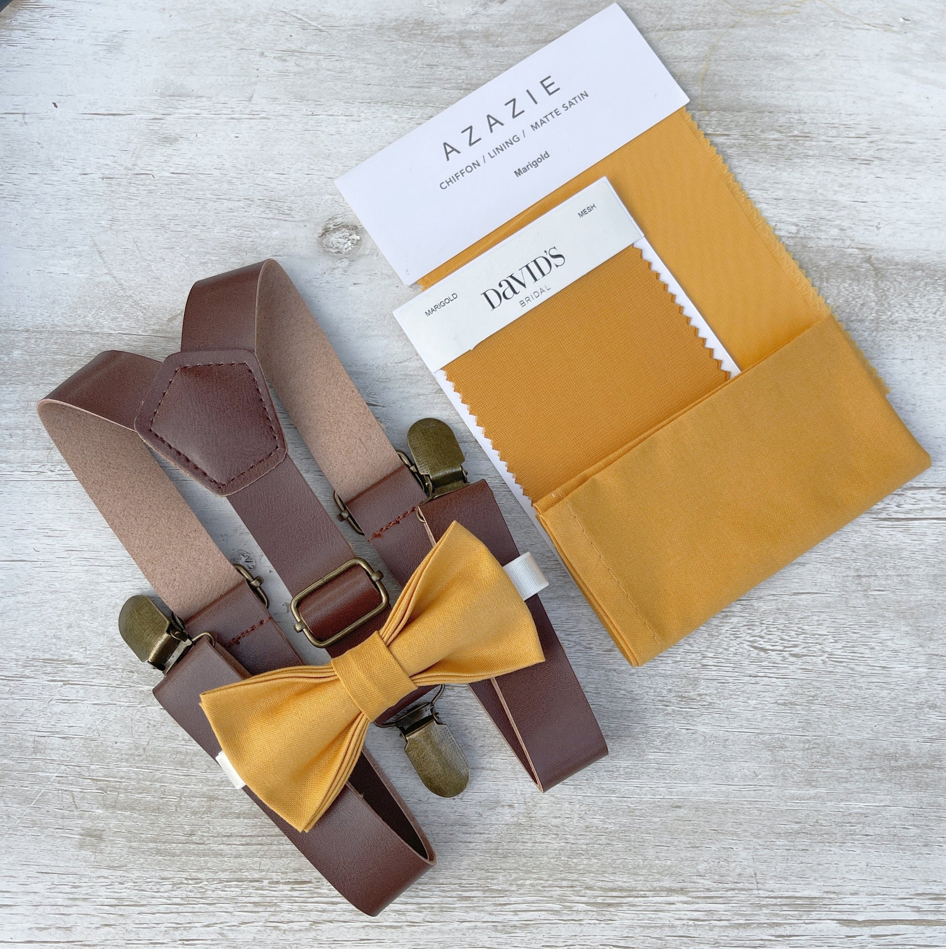 Marigold Bow tie & Suspenders | Leather Braces | Pocket Square | Ring Bearer Outfit | Boho Rustic Wedding