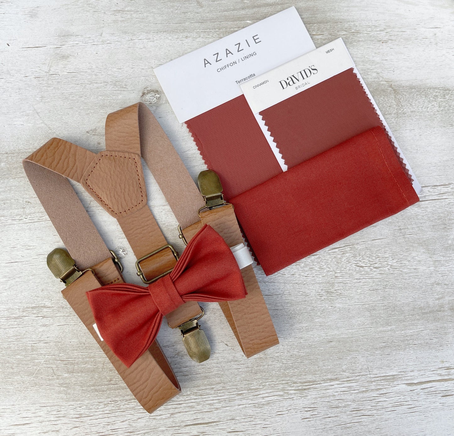 Terracotta Cinnamon Bow Tie | Leather Suspenders | Pocket Square Set - Men's Wedding Outfit