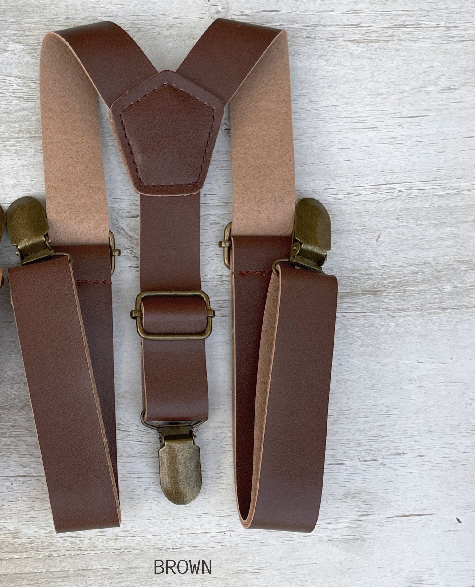 Steel blue Bow Tie & Suspenders , Brown Vegan Leather suspenders , Men's pocket square , Boy's Baby Ring bearer gift , Wedding Outfit