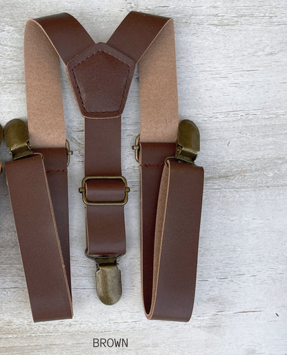 Steel blue Bow Tie & Suspenders , Brown Vegan Leather suspenders , Men's pocket square , Boy's Baby Ring bearer gift , Wedding Outfit