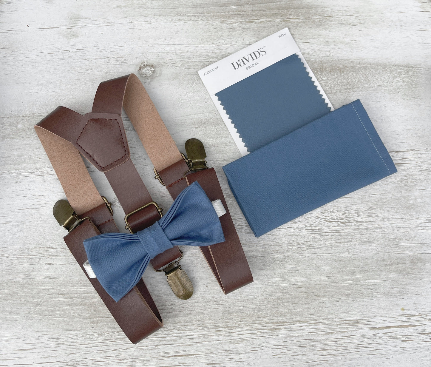Dark Steel Bow tie & Suspenders | Vegan Leather Braces | Twilight Blue Bow | Pocket Square | Ring Bearer Outfit | Boho Rustic Wedding