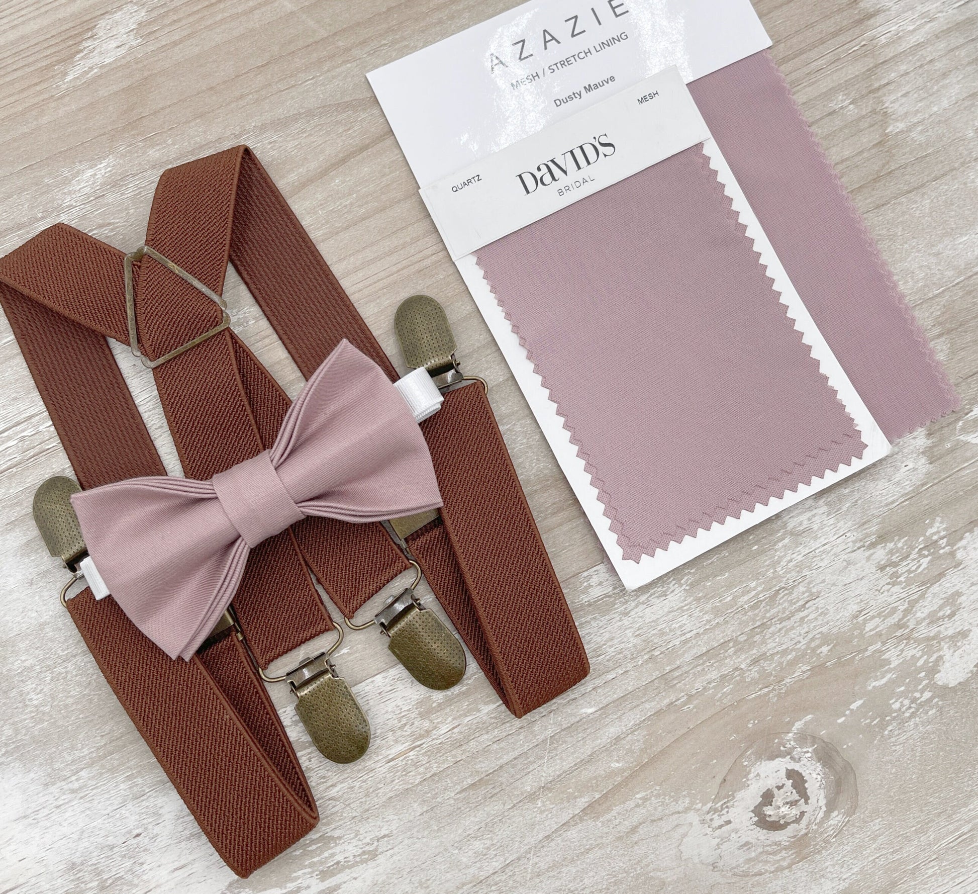 Dusty Mauve Bow tie & Suspenders | Brown X - Back Braces | Quartz Bowtie | Pocket Square | Ring Bearer Outfit | Boho Rustic Wedding