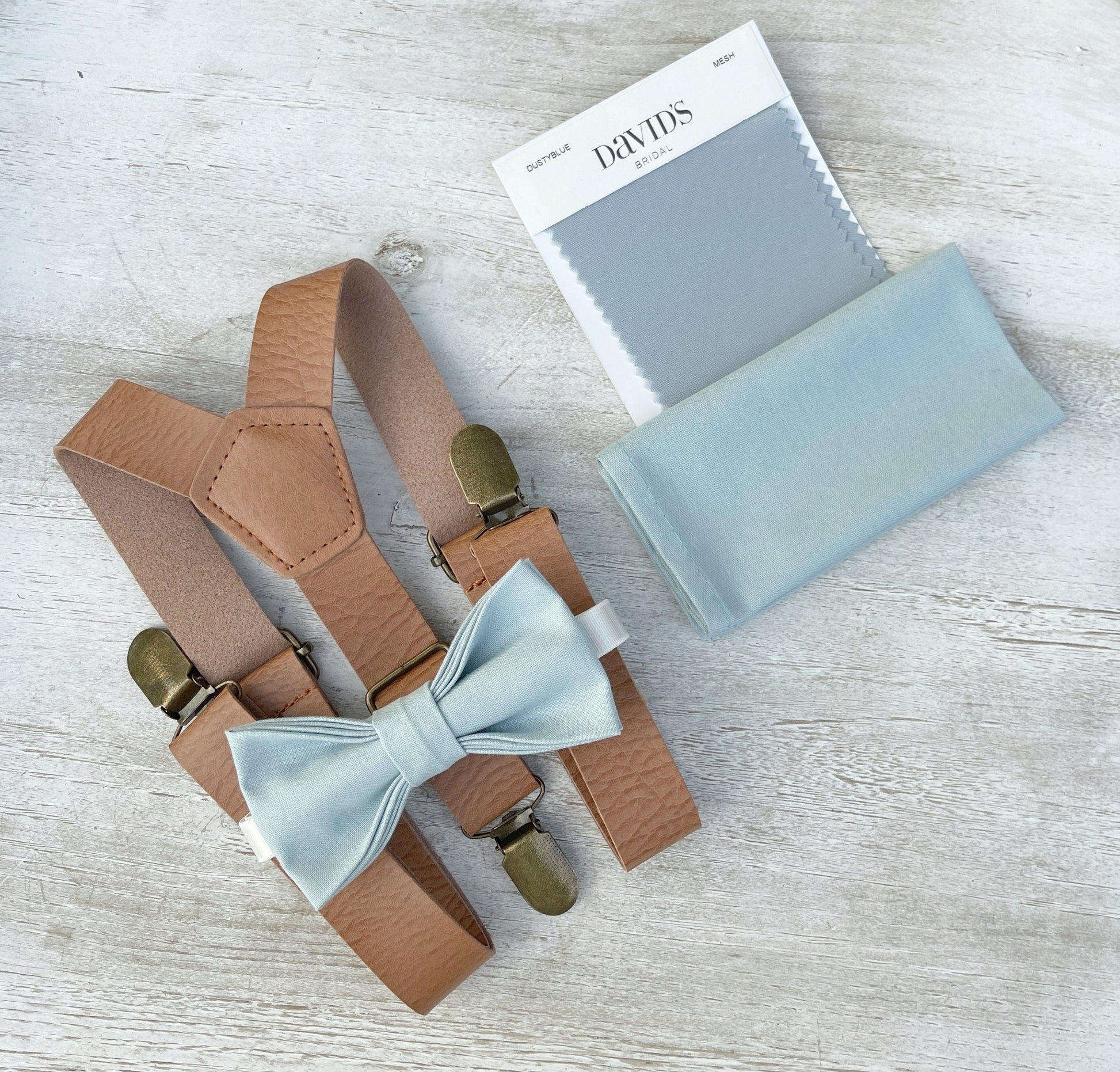 Mist Bow tie & Suspenders | Leather Light Brown Braces | Sky Blue Bow | Dusty Blue Bowtie | Pocket Square | Ring Bearer Outfit | Wedding Set