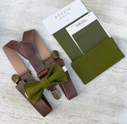 Olive Bow tie & Suspenders | Leather Braces | Pocket Square | Ring Bearer Outfit | Boho Rustic Wedding
