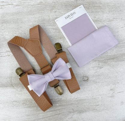 Iris Bow tie & Suspenders | Leather Light Brown Braces | Pocket Square | Ring Bearer Outfit | Boho Rustic Wedding