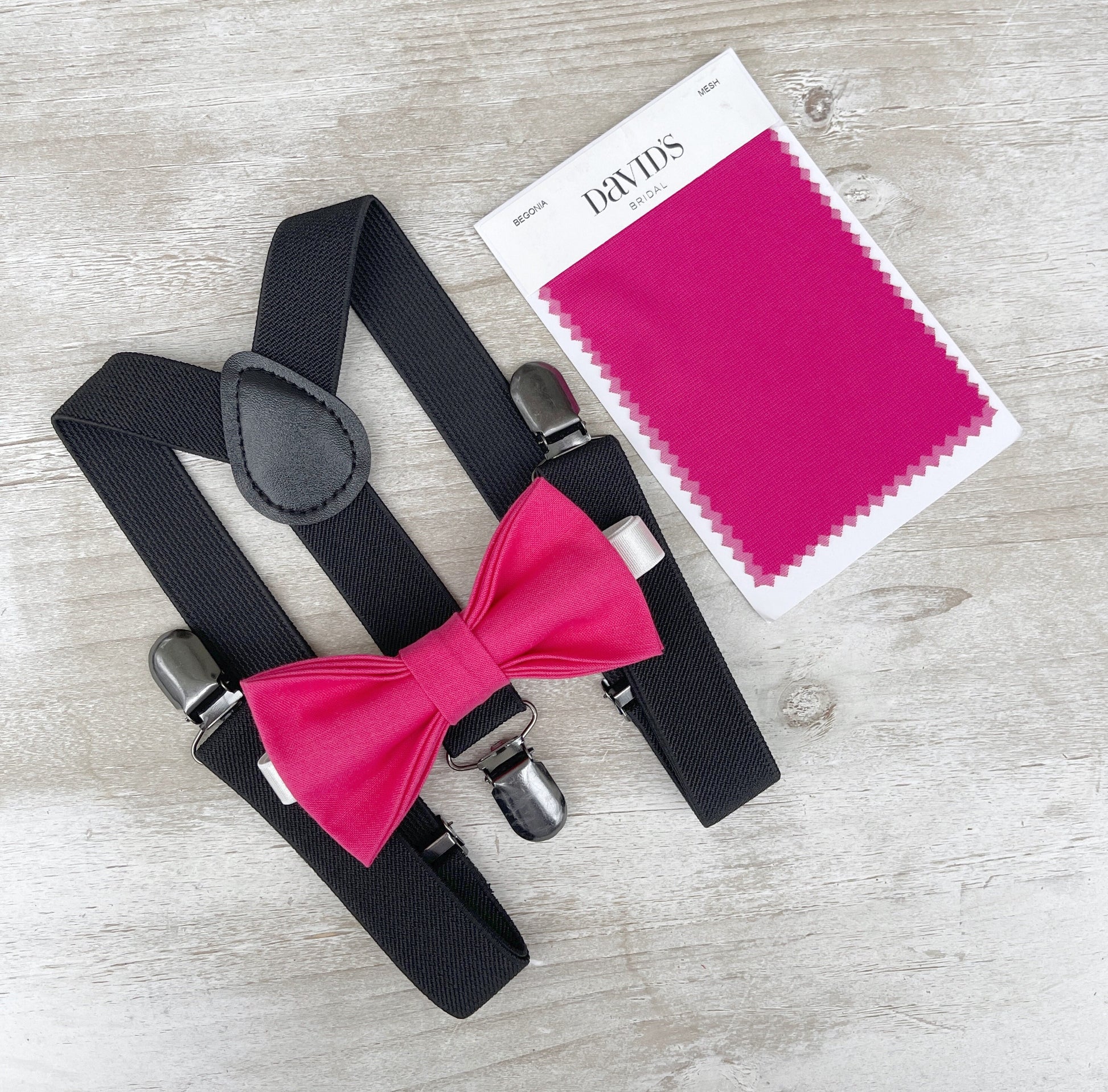 Fuchsia Bow tie & Suspenders | Black Braces | Begonia Pink Bowtie | Pocket Square | Ring Bearer Outfit | Boho Rustic Wedding Set