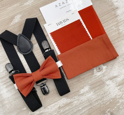 Paprika Bow tie & Suspenders | Black Braces | Sienna Bow | Pocket Square | Ring Bearer Outfit | Boho Rustic Wedding