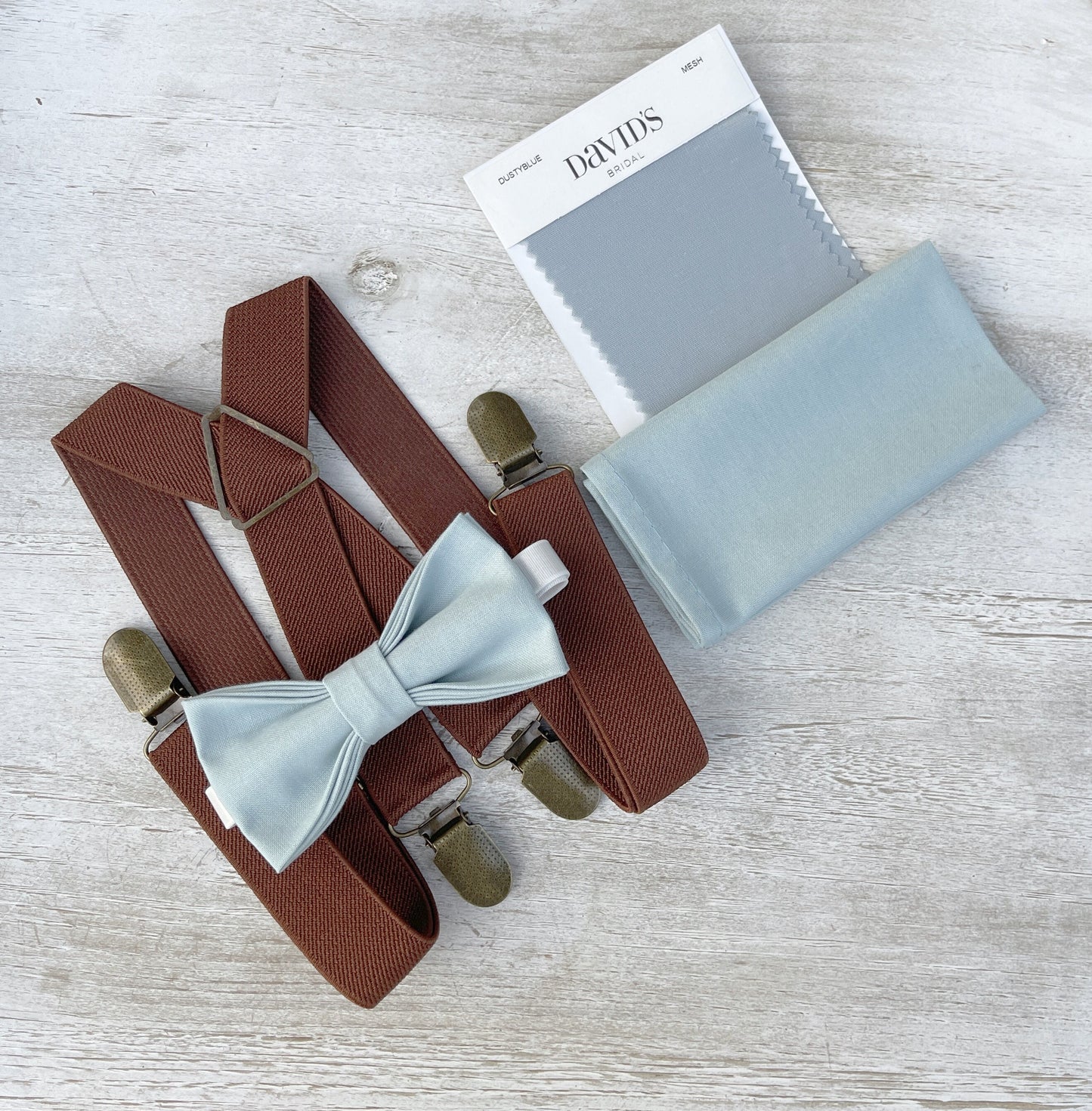 Mist Bow tie & Suspenders | Brown X - Back Braces | Sky Blue Bow | Dusty Blue Bowtie | Pocket Square | Ring Bearer Outfit | Rustic Wedding