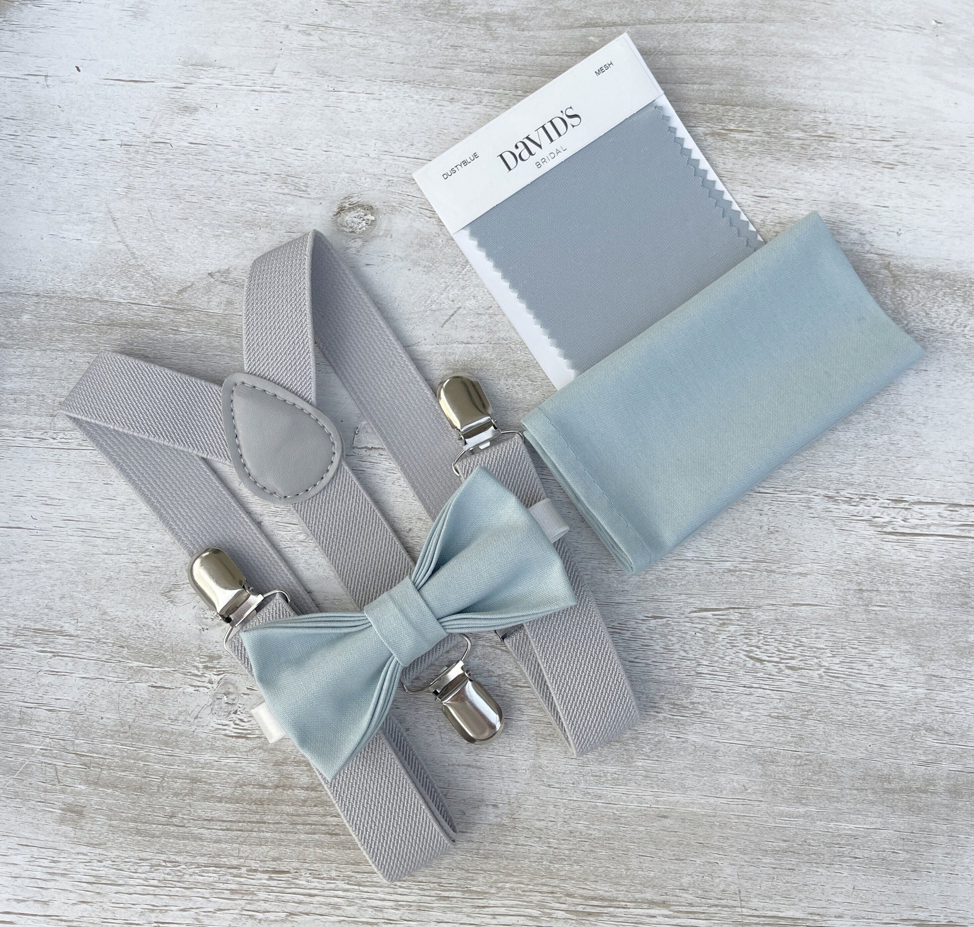 Mist Bow tie & Suspenders, Light Gray Braces, Sky blue Bow, Dusty Blue Bowtie, Pocket Square, Ring Bearer Outfit, Boho Rustic Wedding