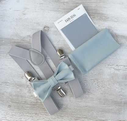 Mist Bow tie & Suspenders, Light Gray Braces, Sky blue Bow, Dusty Blue Bowtie, Pocket Square, Ring Bearer Outfit, Boho Rustic Wedding
