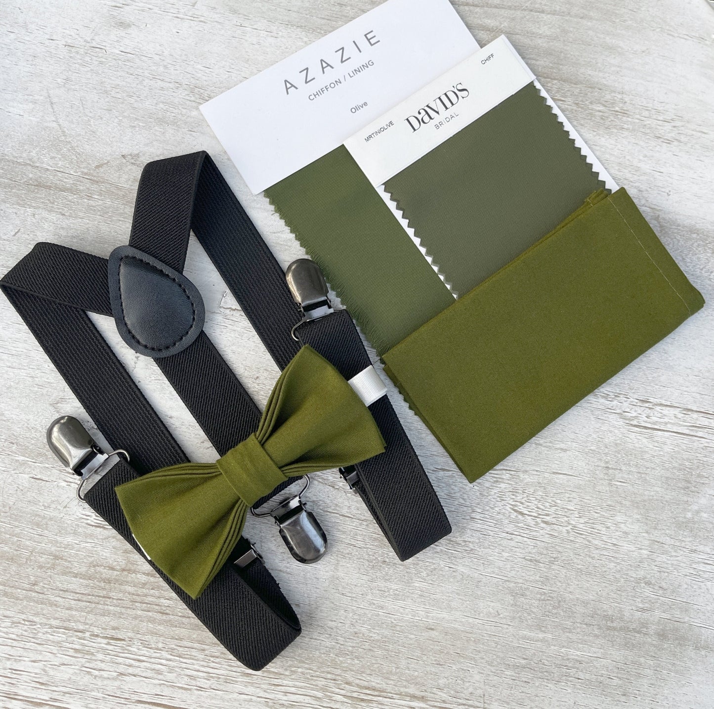 Olive Bow tie & Suspenders | Black Braces | Pocket Square | Ring Bearer Outfit | Boho Rustic Wedding