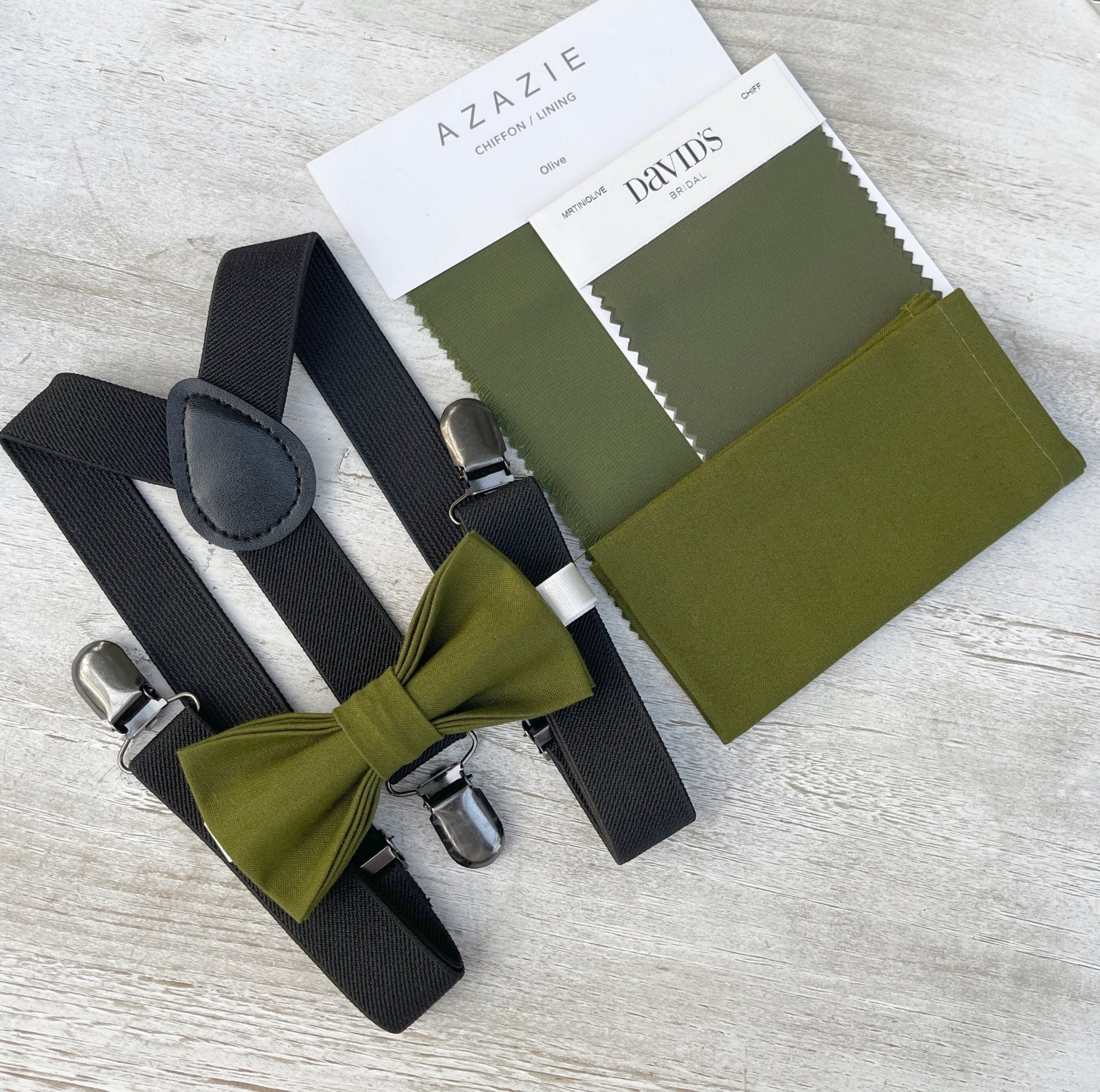 Olive Bow tie & Suspenders | Black Braces | Pocket Square | Ring Bearer Outfit | Boho Rustic Wedding
