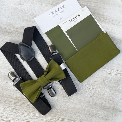 Olive Bow tie & Suspenders | Black Braces | Pocket Square | Ring Bearer Outfit | Boho Rustic Wedding