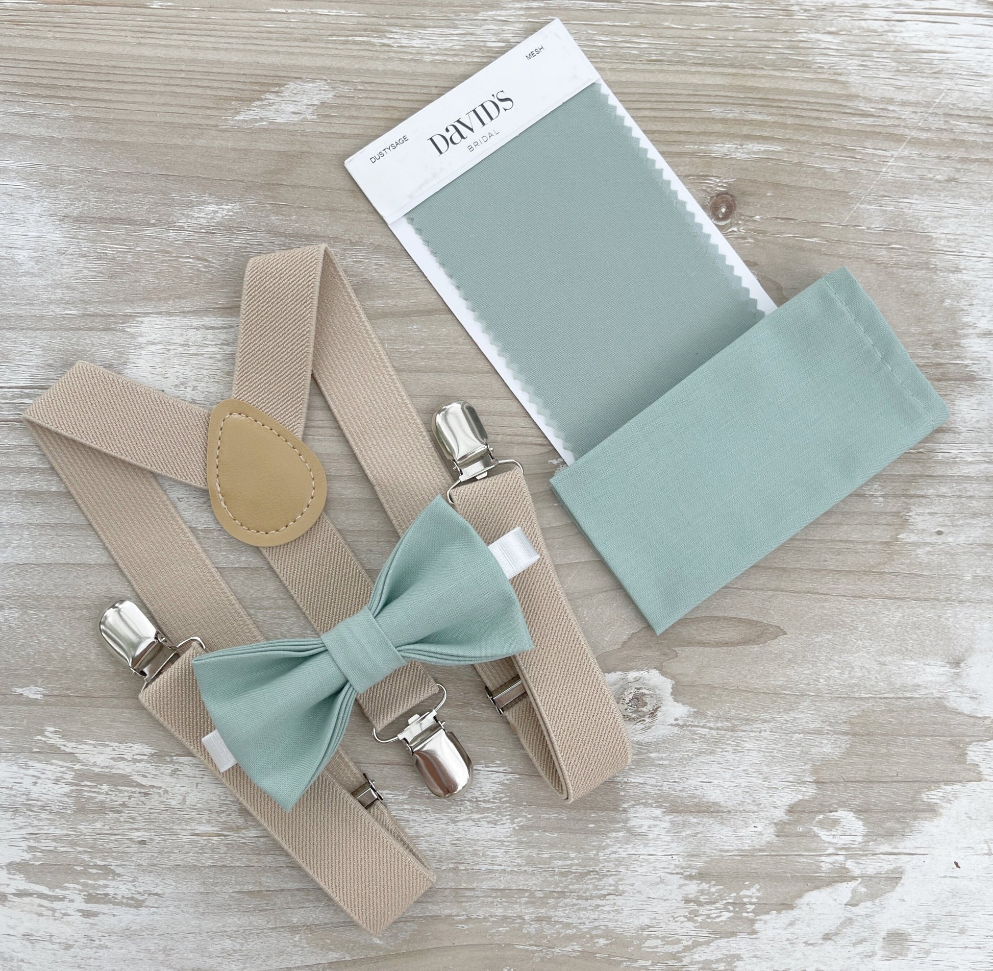 Dusty Sage Bow Tie & Champagne Suspenders – Ring Bearer Outfit, All Sizes Baby to Adult, Groomsman Gift, Pocket Square, Boho Wedding Set