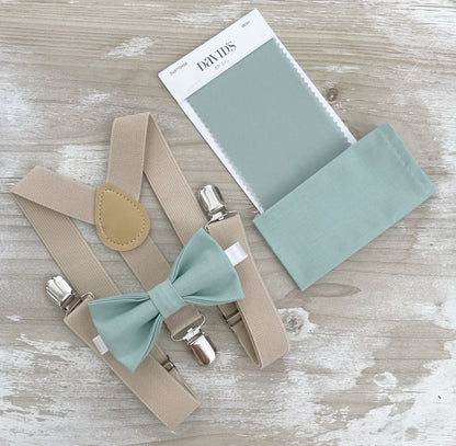 Dusty Sage Bow Tie & Champagne Suspenders – Ring Bearer Outfit, All Sizes Baby to Adult, Groomsman Gift, Pocket Square, Boho Wedding Set