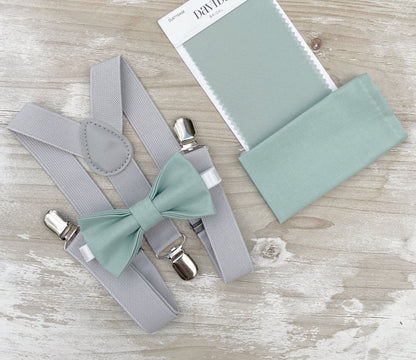 Dusty Sage Bow tie & Suspenders | Light Gray Braces | Agave Bow | Pocket Square | Ring Bearer Outfit | Rustic Boho Wedding | Groomsman Gift