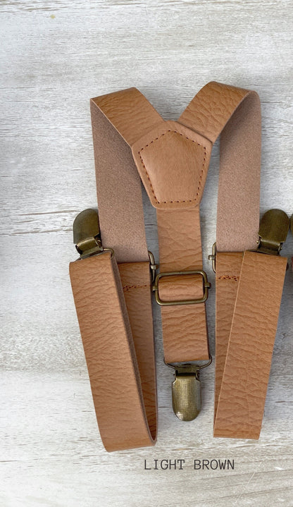 Buttercup Bow Tie & Suspenders – All Sizes for Boys and Men, Leather Braces, Yellow Bow, Pocket Square, Ring Bearer, Rustic Wedding Set