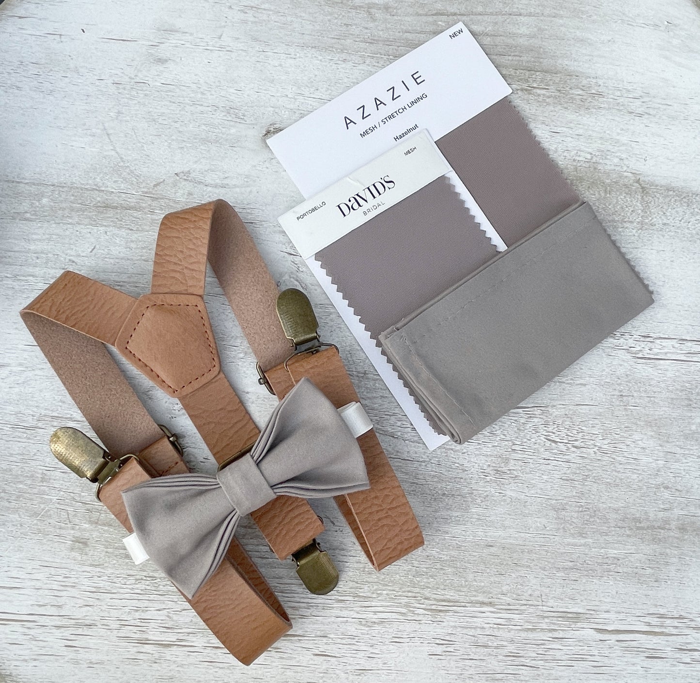 Portobello Hazelnut Bow Tie | Leather Suspenders | Men's Pocket Square Set for Wedding Party