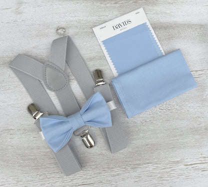 Ice Blue Bow tie & Suspenders | Light Gray Braces | Pocket Square | Ring Bearer Outfit | Boho Rustic Wedding Set