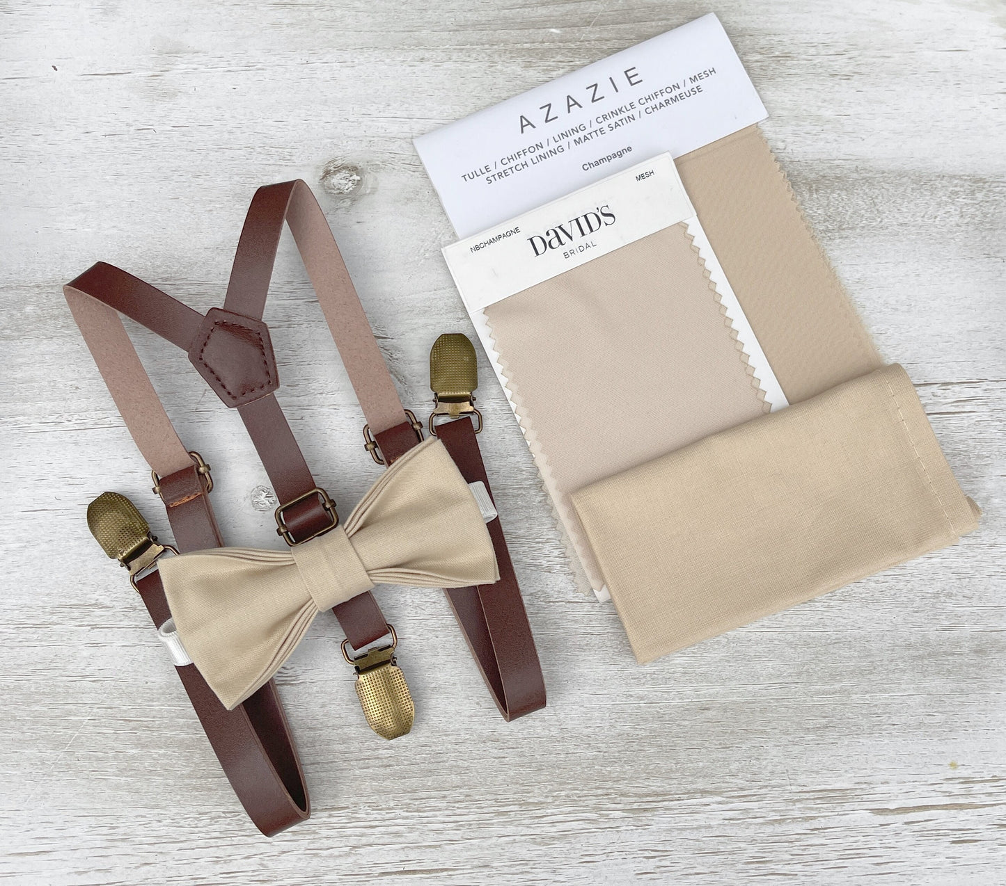 Champagne Tan Bow tie & Suspenders | Skinny Vegan Leather Braces | Pocket Square | Ring Bearer Outfit | Boho Rustic Wedding