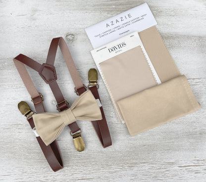 Champagne Tan Bow tie & Suspenders | Skinny Vegan Leather Braces | Pocket Square | Ring Bearer Outfit | Boho Rustic Wedding