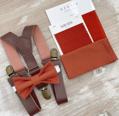 Paprika Bow tie & Suspenders | Leather Braces | Sienna Bow | Pocket Square | Ring Bearer Outfit | Boho Rustic Wedding