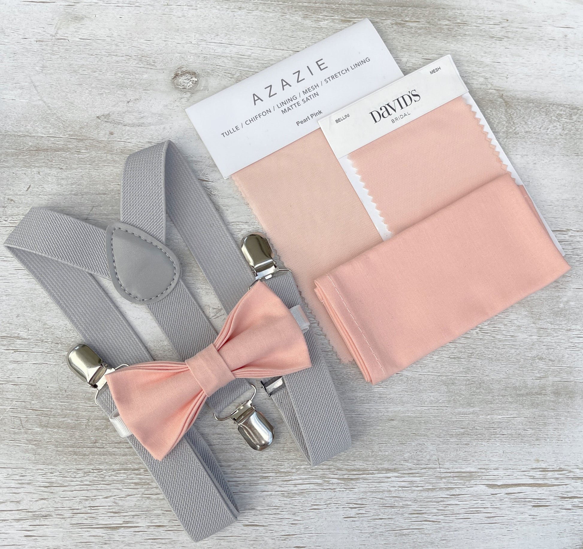 Bellini Bow Tie and Suspenders – All Sizes for Men and Boys, Light Gray Braces, Pocket Square, Boho Rustic Wedding, Ring Bearer Set