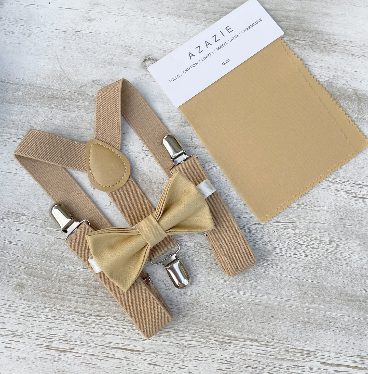 Gold Bow Tie | Beige Nude Suspenders | Men's Pocket Square | Khaki Braces - Perfect Wedding Outfit for Groomsmen and Ring Bearer