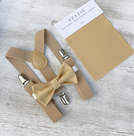 Gold Bow Tie | Beige Nude Suspenders | Men's Pocket Square | Khaki Braces - Perfect Wedding Outfit for Groomsmen and Ring Bearer