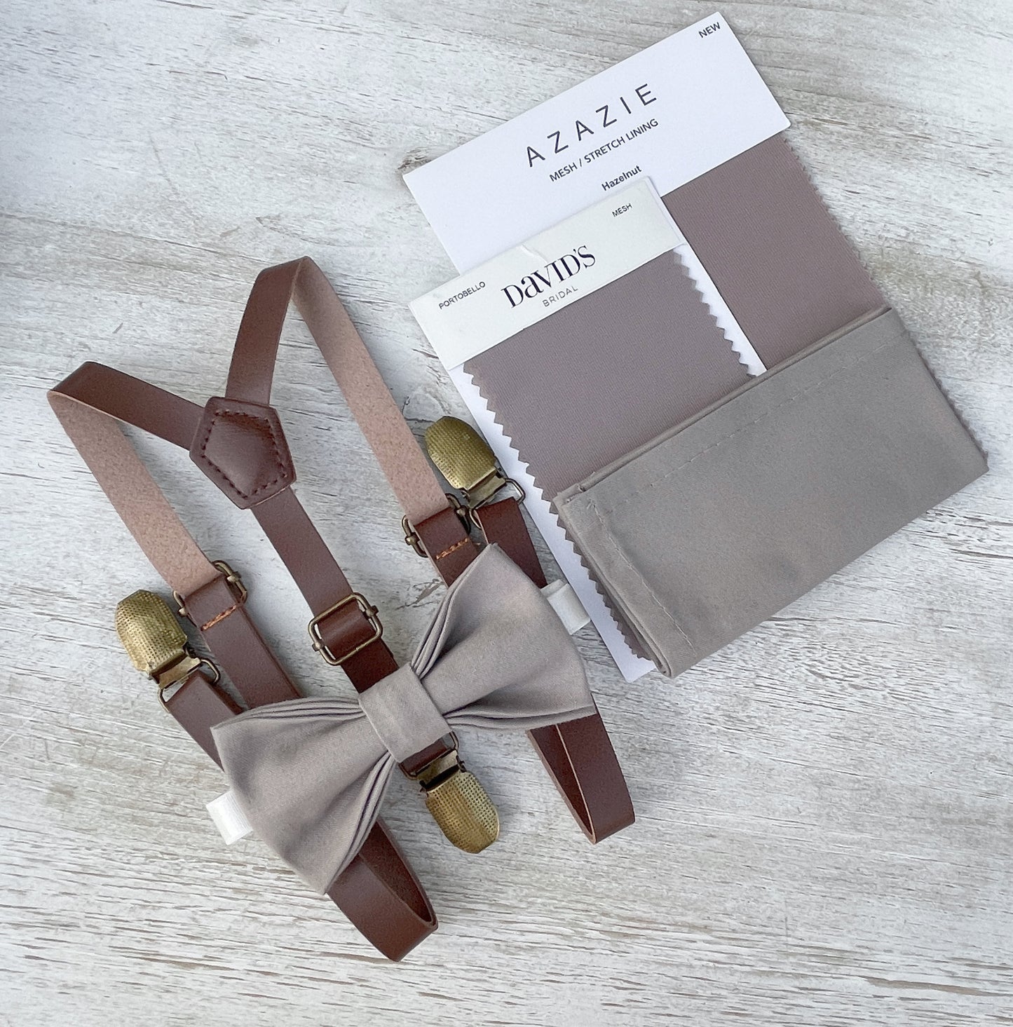 Toffee Bow tie & Suspenders | Leather Skinny Braces | Hazelnut Bow | Portobello Bowtie | Pocket Square | Ring Bearer Outfit | Boho Wedding