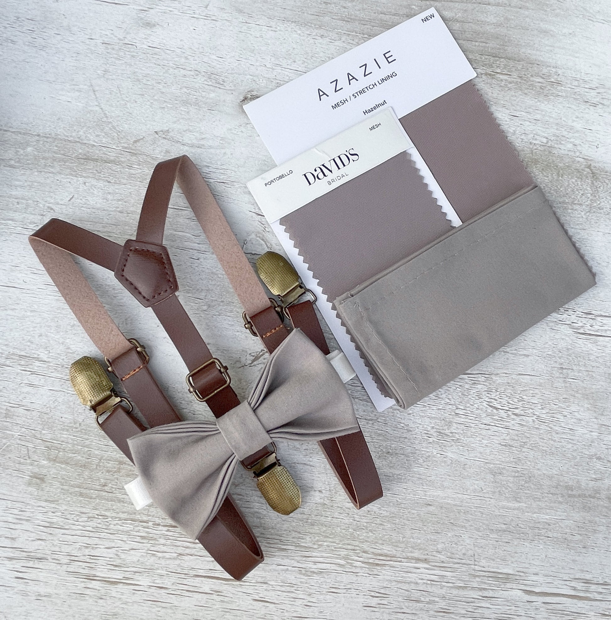 Toffee Bow tie & Suspenders | Leather Skinny Braces | Hazelnut Bow | Portobello Bowtie | Pocket Square | Ring Bearer Outfit | Boho Wedding