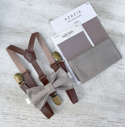 Toffee Bow tie & Suspenders | Leather Skinny Braces | Hazelnut Bow | Portobello Bowtie | Pocket Square | Ring Bearer Outfit | Boho Wedding