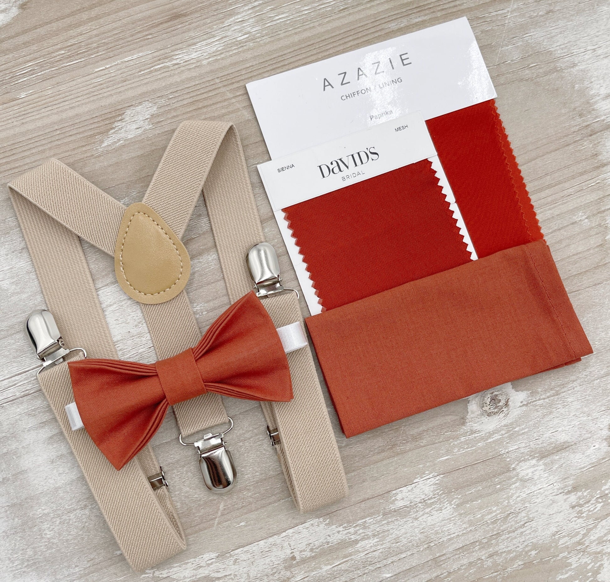 Paprika Bow tie & Suspenders | Champagne Tan Braces | Sienna Bow | Pocket Square | Ring Bearer Outfit | Boho Rustic Wedding