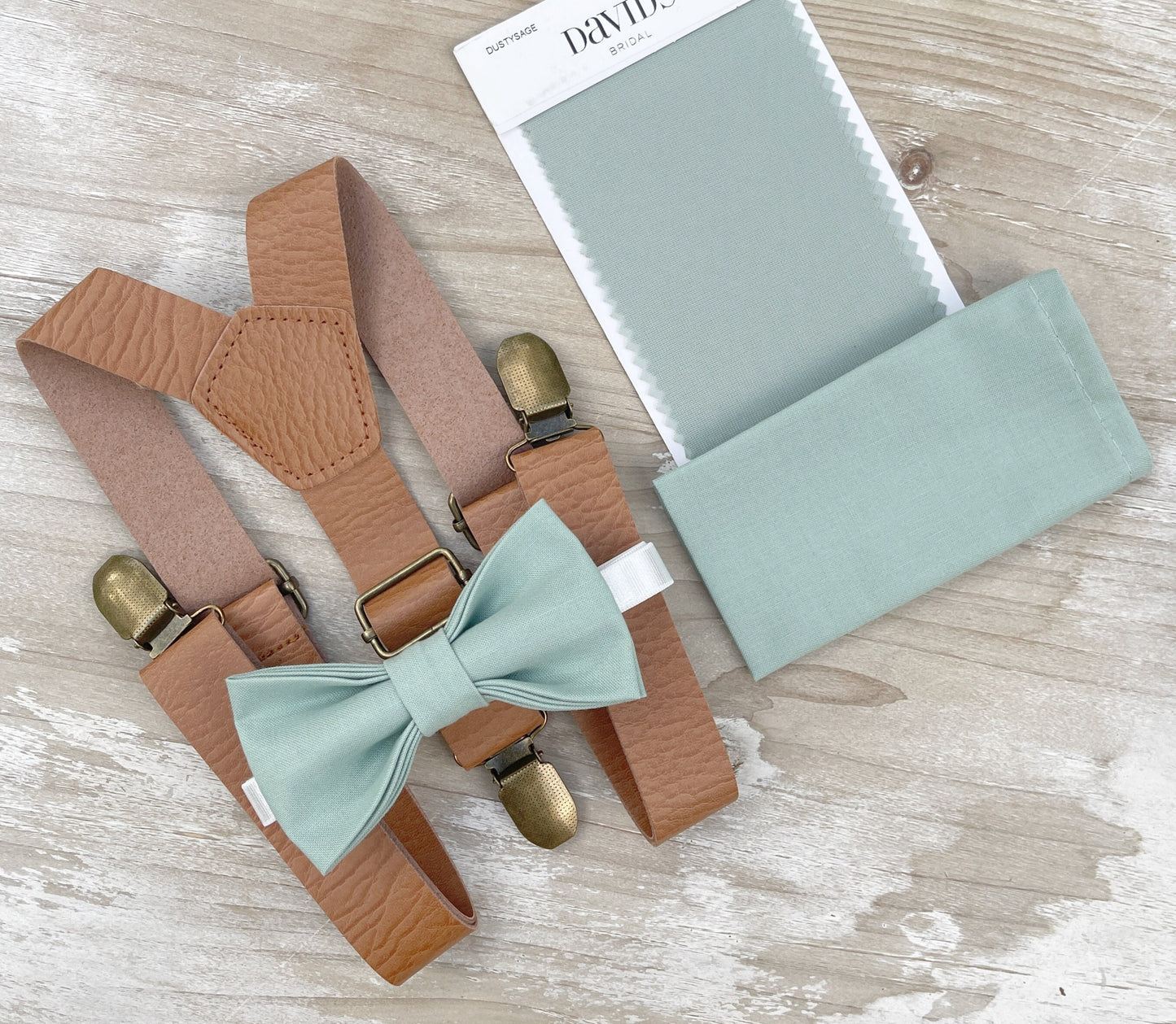 Dusty Sage Bow tie & Vegan Leather Suspenders | Light Brown Braces | Agave Bow | Pocket Square | Ring Bearer Outfit | Rustic Boho Wedding
