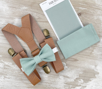 Dusty Sage Bow tie & Vegan Leather Suspenders | Light Brown Braces | Agave Bow | Pocket Square | Ring Bearer Outfit | Rustic Boho Wedding